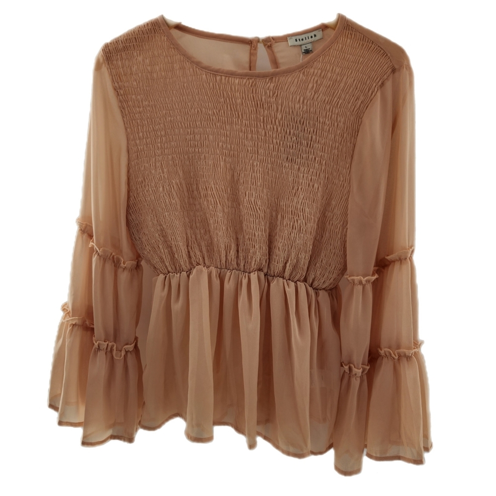 Stellah Tiered Bell Long  Sleeve Smocked Babydoll Top Size Large